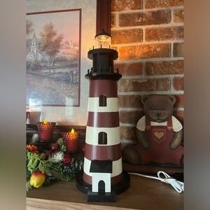 Rare Vintage 20” DELUXE LIGHTHOUSE -Red and Beige w/Light Heavy Duty Solid Wood